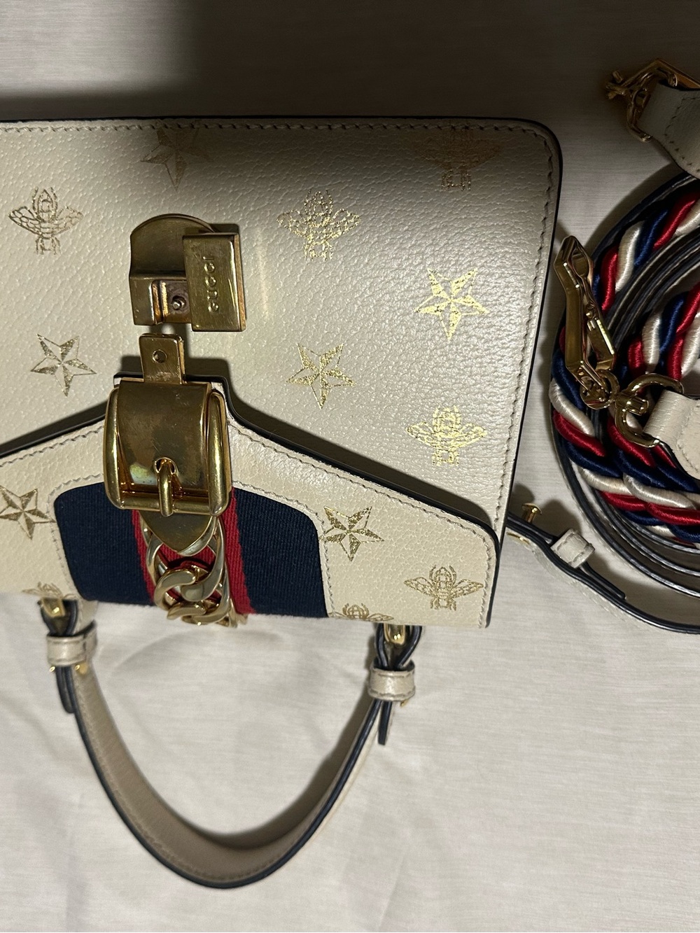 Gucci Cream Leather Top-Handle Satchel with Navy and Red Web Stripe - Picture 3 of 12